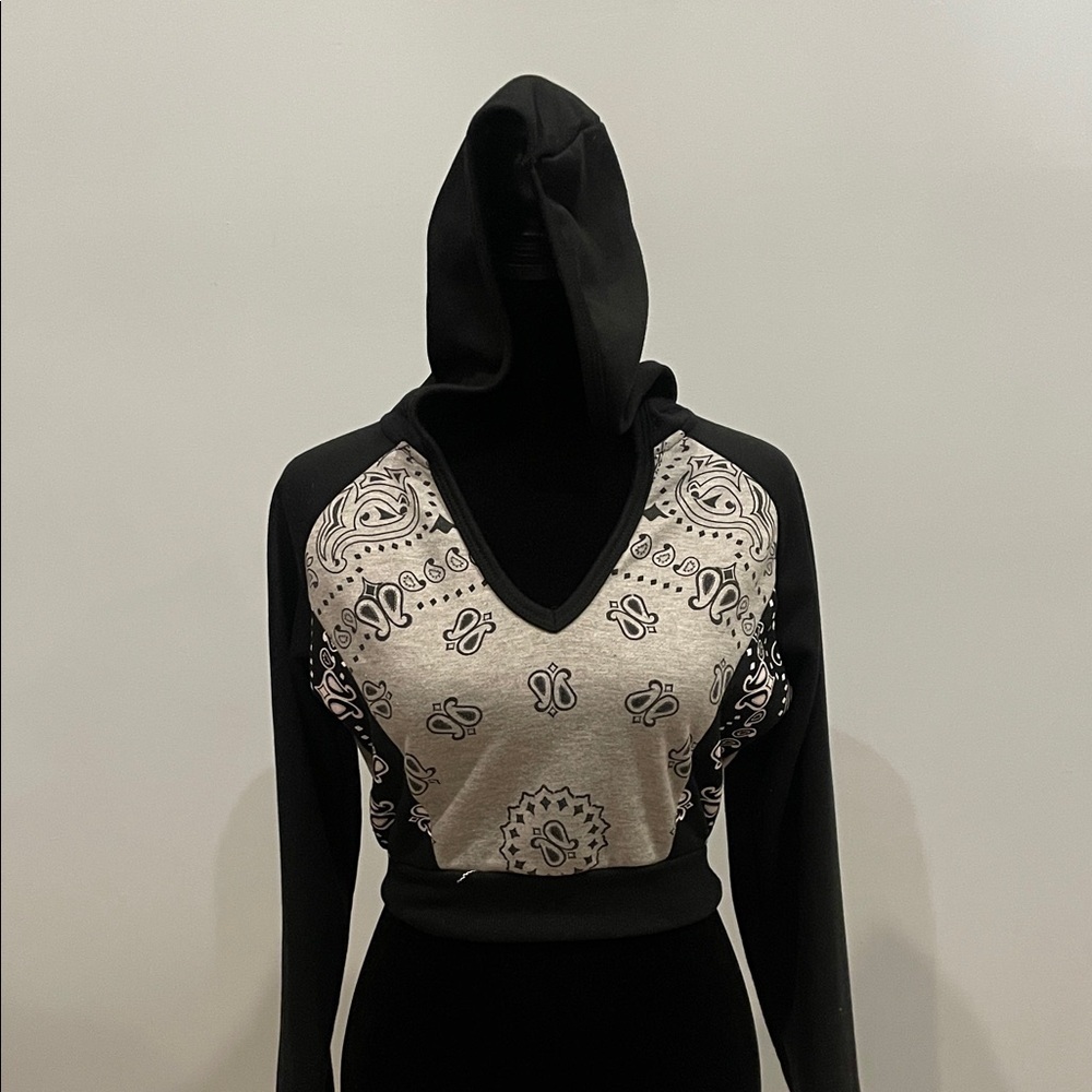 Black and grey  Hooded Women's Top cropped